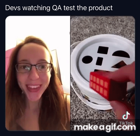 Dev watching QA put all pegs into square hole despite there being hole for every shape